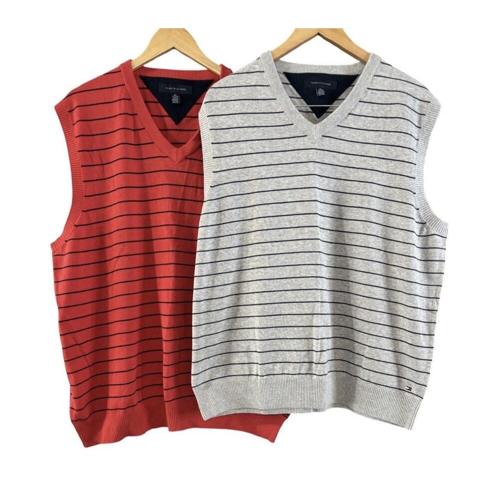 Tommy Hilfiger Gray & Red Striped 100% Cotton V-Neck Sweater Vest 2XL Lot Of 2